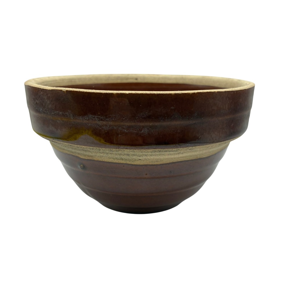 Antique Brown Salt Glaze Stoneware Mixing Bowl Ribbed Cream Band 5 Inch